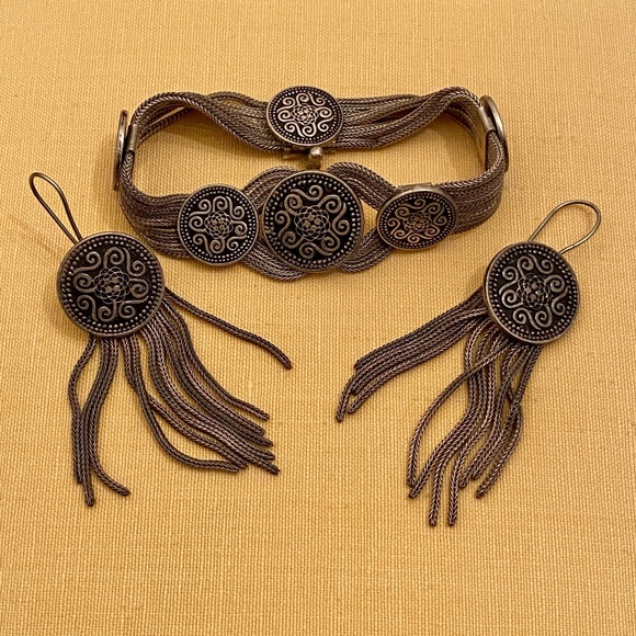 VTG I 900 Silver & Niello Bracelet & Earrings Set - Picture 1 of 16